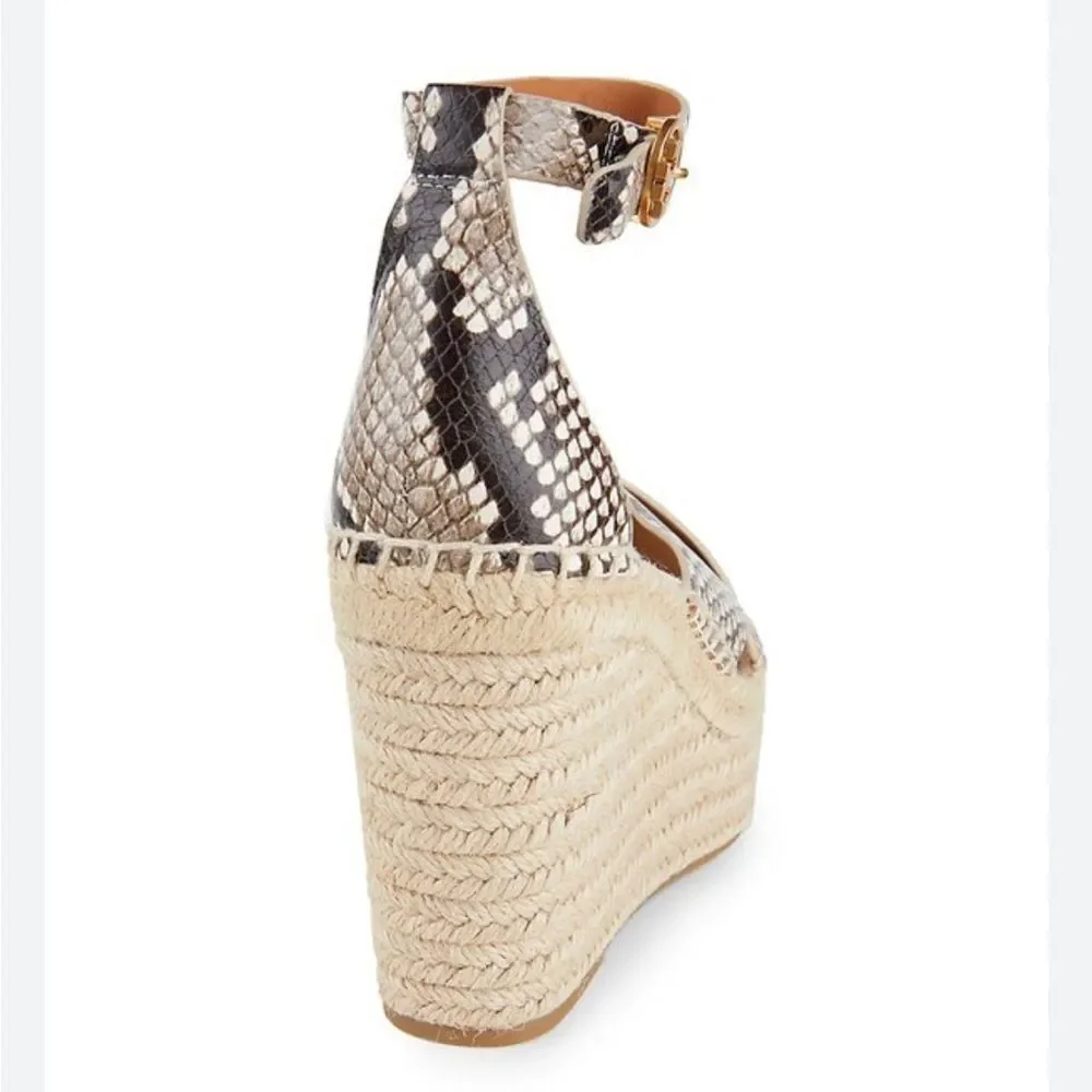 Tory Burch Shelby Snakeskin-Embossed Leather Espadrille Sandals, New, Size11